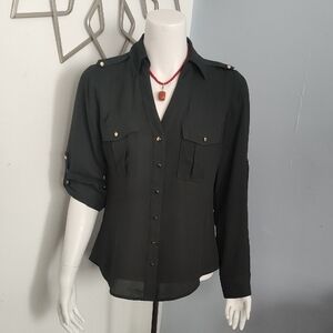 Express Dark Green Button-Down Shirt with Accents Bottom